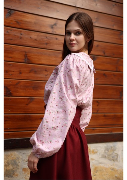 Vintage Pembe-Bordo Çiçekli Bebe Yaka Dantelli Poplin Bluz