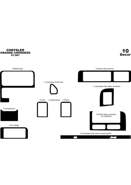 Marscockpitdesign Chrysler Grand Cherokee Ön Torpido Kaplama Parlak Siyah 10 P. 1996-1999
