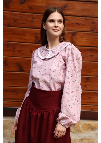 Vintage Pembe-Bordo Çiçekli Bebe Yaka Dantelli Poplin Bluz modelleri