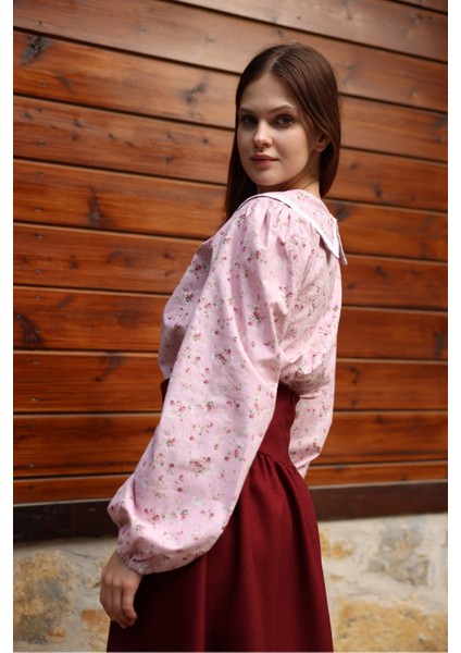 Vintage Pembe-Bordo Çiçekli Bebe Yaka Dantelli Poplin Bluz fırsatları