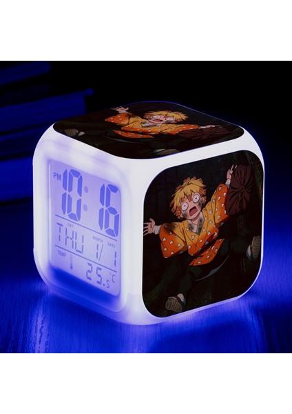 Wekity Anime Ghost Slayer Renkli Çalar Saat LED Kare Saat Zaman, Sıcaklık, Alarm, Tarih ile Dijital Çalar Saat (Yurt Dışından)