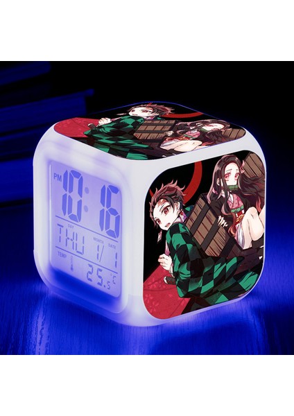 Wekity Anime Ghost Slayer Renkli Çalar Saat LED Kare Saat Zaman, Sıcaklık, Alarm, Tarih ile Dijital Çalar Saat (Yurt Dışından)