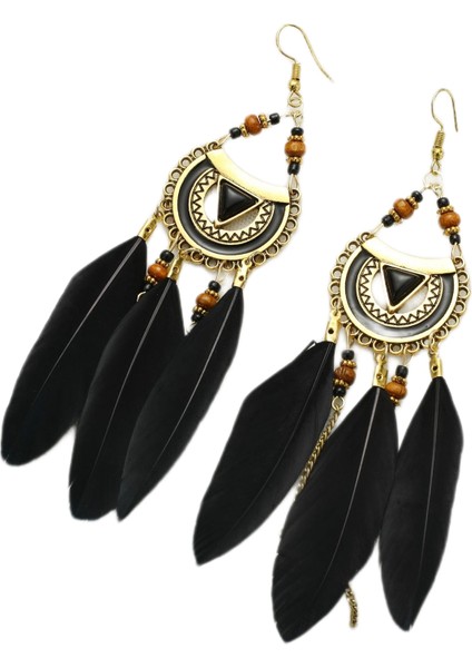 Boho Püskül Küpe Kadınlar Için Uzun Dangle Siyah Tüy Küpe Boho Damla Küpe Boncuk Vintage Bayanlar Takı (Yurt Dışından)