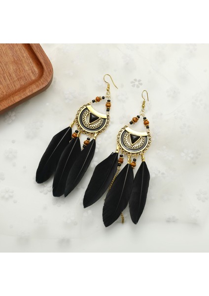 Boho Püskül Küpe Kadınlar Için Uzun Dangle Siyah Tüy Küpe Boho Damla Küpe Boncuk Vintage Bayanlar Takı (Yurt Dışından)
