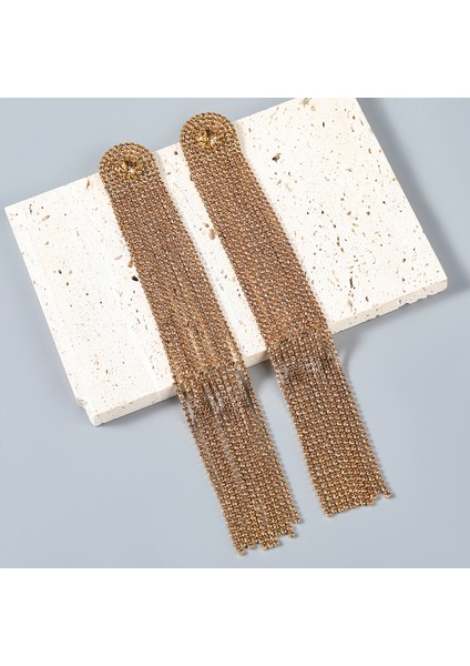 Kadın Düğün Köpüklü Gümüş Kaplama Uzun Püskül Kristal Rhinestone Damla Dangle Gelin Küpe, Altın (Yurt Dışından)