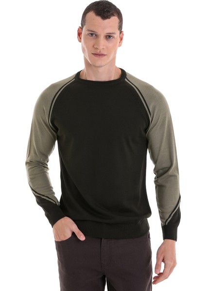 Haki Regular Fit Bisiklet Yaka Jakarlı Yünlü Triko Kazak