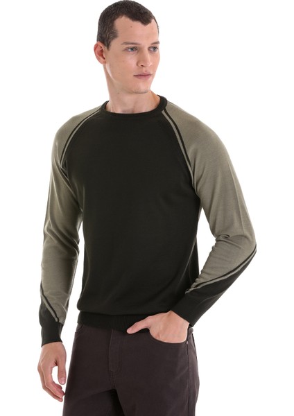 Haki Regular Fit Bisiklet Yaka Jakarlı Yünlü Triko Kazak fiyatları