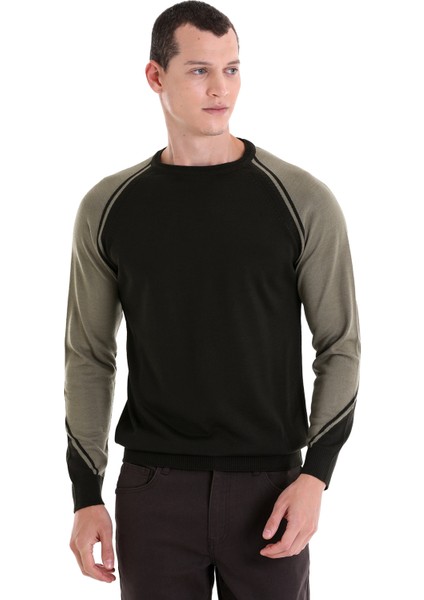 Haki Regular Fit Bisiklet Yaka Jakarlı Yünlü Triko Kazak fırsatları