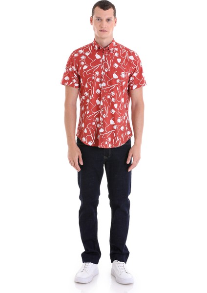 Kiremit Comfort Fit Baskılı Pamuklu Kısa Kollu Casual Gömlek