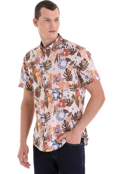Kahverengi Comfort Fit Baskılı Pamuklu Kısa Kollu Casual Gömlek modelleri