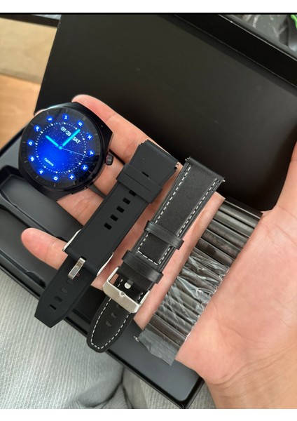 Lion Quality Erkek Siyah Akıllı Saat Gt3 Max 3 Kordonlu Ios ve Android Uyumlu Deri Silikon Çelik Huawei Watch