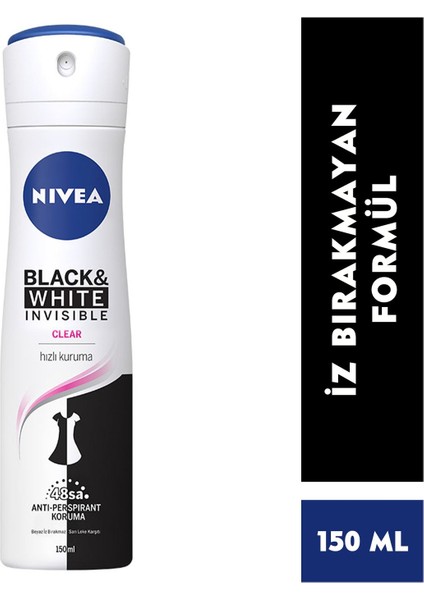 Kadın Sprey Deodorant Invisible Black&White Clear 150 ml x3 Adet,48 Saat Anti-perspirant Koruma