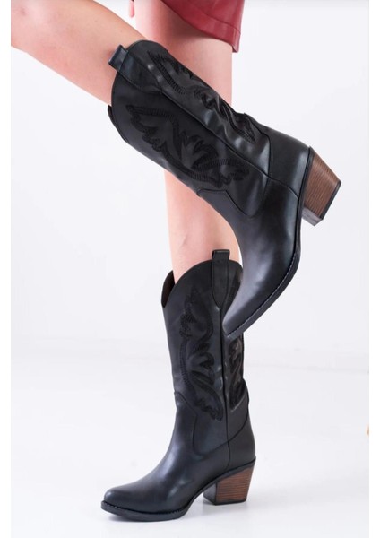 Kadın Virola Siyah Orta Boy Nakışlı Kovboy Çizme