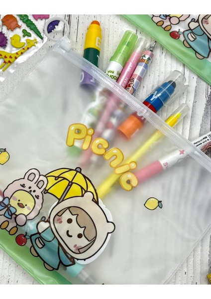 Piknik Sevimli Kız Şeffaf ve Fermuarlı Kilitli Çanta Toparlayıcı Kalem Kutu fiyatları