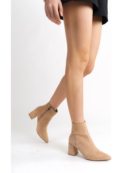 MBZFR5006S-VZ Kadın Vizon Süet Kalın Topuklu Sivri Burun Fermuarlı Kısa Bot &bootie