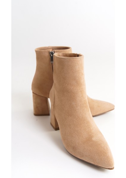 MBZFR5006S-VZ Kadın Vizon Süet Kalın Topuklu Sivri Burun Fermuarlı Kısa Bot &bootie modelleri
