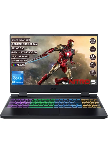 Nitro 5 AN515-58 Intel Core I5 12450H 8 GB 512 GB SSD Rtx 4050 - 6 GB Freedos 15.6" Fhd  144 Hz IPS Panel Taşınabilir Bilgisayar NH.QLZEY.007