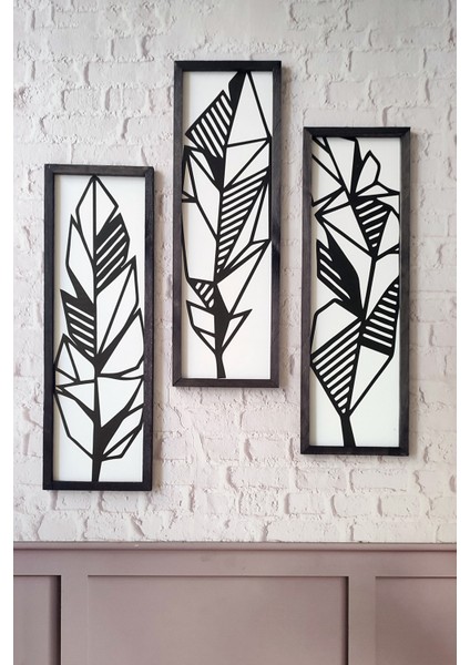 Geometrik Yaprak Desenli 3'lü Set, 3 mm Mdf, Siyah Ahşap Çerçeveli, Uv Baskılı