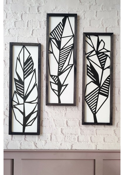 Geometrik Yaprak Desenli 3'lü Set, 3 mm Mdf, Siyah Ahşap Çerçeveli, Uv Baskılı fiyatları