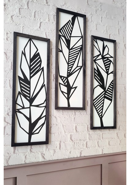 Geometrik Yaprak Desenli 3'lü Set, 3 mm Mdf, Siyah Ahşap Çerçeveli, Uv Baskılı modelleri