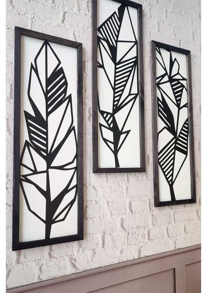 Geometrik Yaprak Desenli 3'lü Set, 3 mm Mdf, Siyah Ahşap Çerçeveli, Uv Baskılı fırsatları