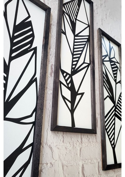 Geometrik Yaprak Desenli 3'lü Set, 3 mm Mdf, Siyah Ahşap Çerçeveli, Uv Baskılı indirimleri