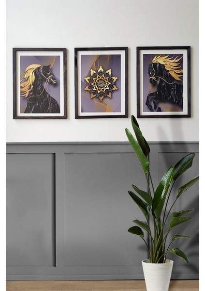 Siyah At Desenli 3'lü Set, 30X40 Cm, 3 mm Mdf, Siyah Ahşap Çerçeveli, Uv Baskılı