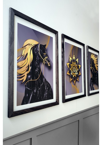Siyah At Desenli 3'lü Set, 30X40 Cm, 3 mm Mdf, Siyah Ahşap Çerçeveli, Uv Baskılı fiyatları
