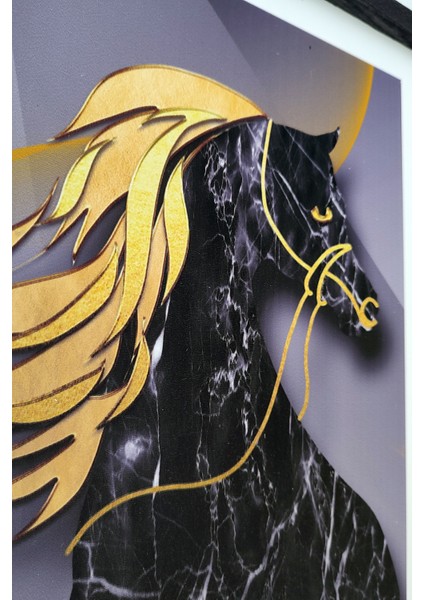 Siyah At Desenli 3'lü Set, 30X40 Cm, 3 mm Mdf, Siyah Ahşap Çerçeveli, Uv Baskılı fırsatları