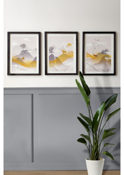 Doğa Desenli Tablo Seti - 3'lü Set, 3 mm Mdf, Siyah Ahşap Çerçeveli, 30X40 Cm, Uv Baskılı