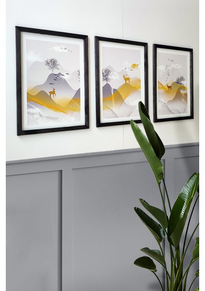 Doğa Desenli Tablo Seti - 3'lü Set, 3 mm Mdf, Siyah Ahşap Çerçeveli, 30X40 Cm, Uv Baskılı modelleri