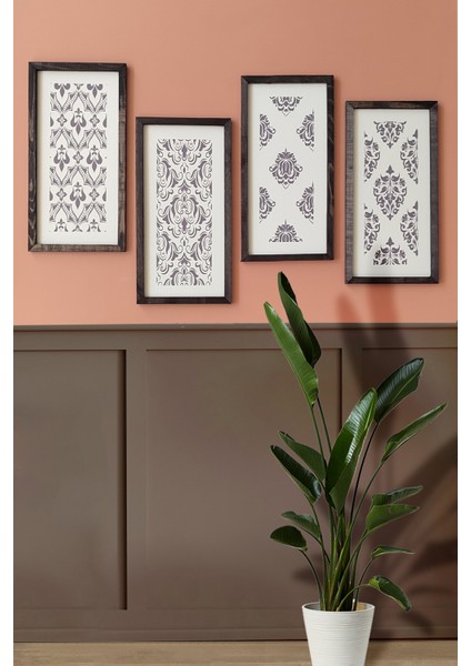 Modern Desenli Tablo Seti - 4'lü Set, 3 mm Mdf, Siyah Ahşap Çerçeveli, 20X40 Cm, Uv Baskılı