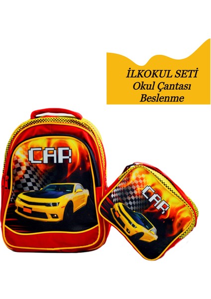 3 Bölmeli Ilkokul Okul Sırt Çantası ve Beslenme Çantası Car Kırmızı