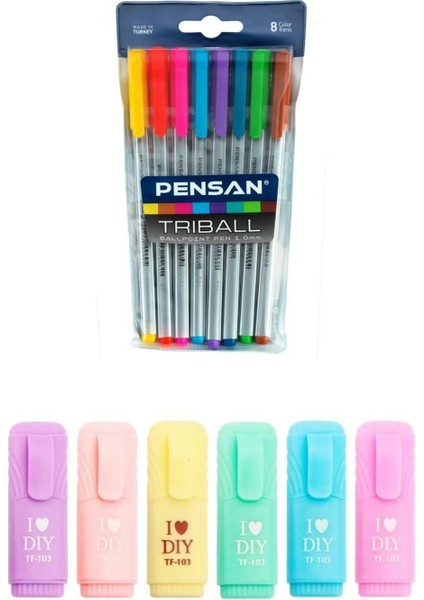 Triball 8'li Tükenmez Kalem + Mini Pastel Fosforlu 6'lı Set