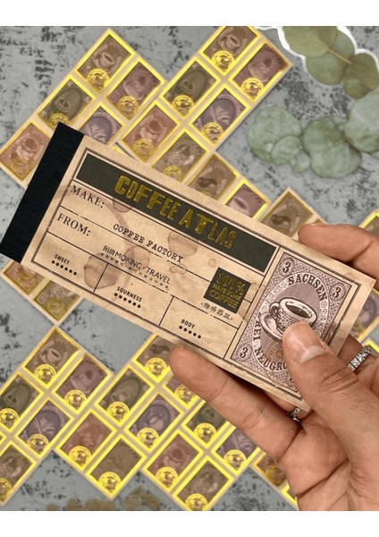 Altın Yaldızlı Vintage Kahve Temalı Pullar 120 Adet Sticker / Bullet Journal / Scrapbook/Etiket/Çıkartma