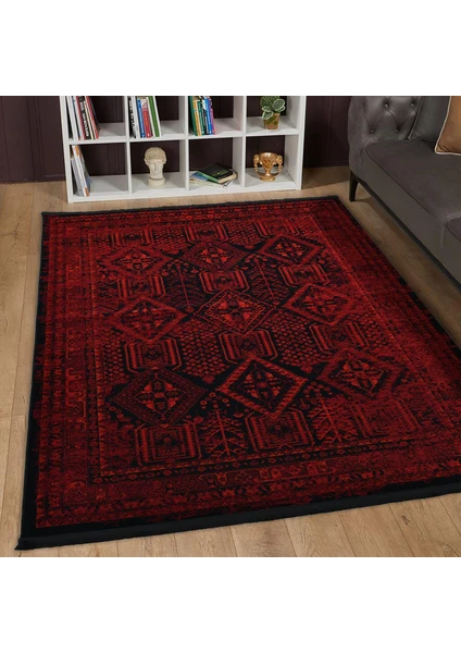 Giza Home Afgan Türkmen Otantik Desenli Bordo Oturma Odası Salon Mutfak Halısı 5364A_ZS47