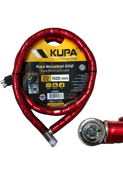 Kupa Vinil Kaplı Çelik Kablolu Esnek Motosiklet Kilidi - 22 mm - 150 Cm.