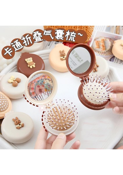 Bej Kiraz Mini Ayı Katlanabilir Kafa Masajı Karikatür Hava Yastığı Saç Tarak Hava Yastığı Tarak Makyaj Aynası ile Taşınabilir Saç Şekillendirici Tarak Araçları (Yurt Dışından) modelleri