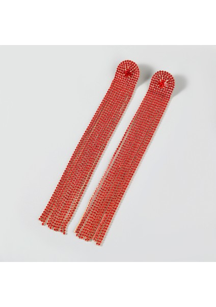 Kadın Düğün Köpüklü Gümüş Kaplama Uzun Püskül Kristal Rhinestone Damla Dangle Gelin Küpe 1 Çift, Kırmızı (Yurt Dışından)