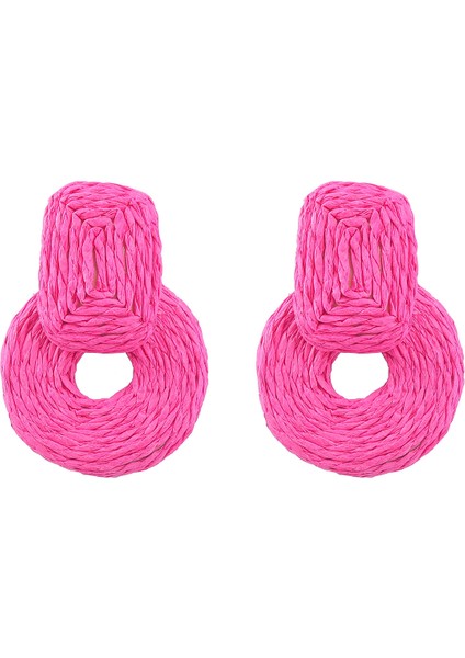 Rafya Yuvarlak Damla Küpe, Rattan Halka Sallantılı Küpe, Retro Örgülü Yuvarlak Küpe, Kadınlar Için Geometrik Sallantılı Küpe, Kırmızı (Yurt Dışından)