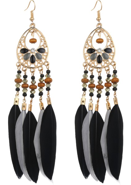 Boho Püskül Küpe Kadınlar Için Uzun Dangle Tüy Küpe Boho Damla Küpe Boncuk Vintage Bayanlar Takı (Yurt Dışından)