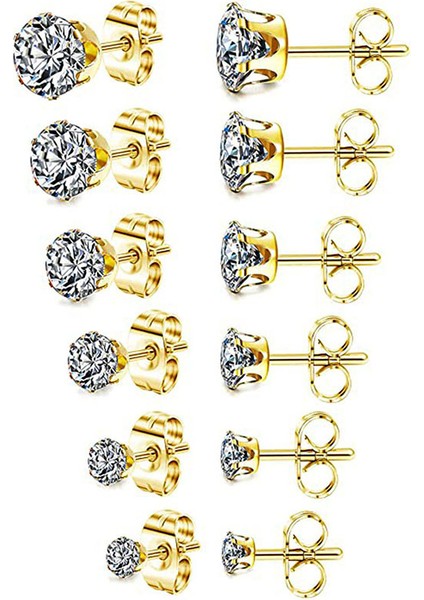 6 Çift Damızlık Küpe Seti, Temizle Kübik Zirkonya 316L Paslanmaz Çelik Küpe Kadınlar Için Erkekler Için 3-8mm (Altın) (Yurt Dışından)