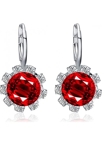 Yuvarlak Çiçek Yapay Kristal Küpeler, Kişilik Moda Kübik Zirkonya Küpeler Düğme Küpeler Mücevher Hediye Kırmızı (Yurt Dışından)