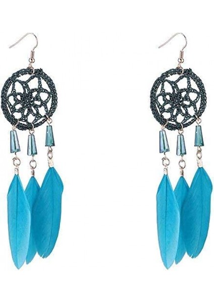 Kadın Küpeleri Düğme Küpeler Şık Sadelik Tüy Küpeler Uzun El Örgüsü Püsküllü Küpeler Retro Boho Dream Catcher Tasarım (Renk: Deniz Mavisi) (Yurt Dışından)
