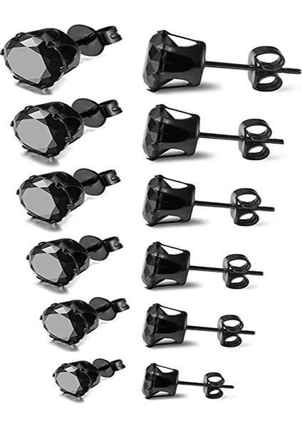 Paslanmaz Çelik Erkek Bayan Saplama Küpe Siyah Yuvarlak Kübik Zirkonya Kakma, 6 Çift (Boyut: 3mm-8mm) (Yurt Dışından)