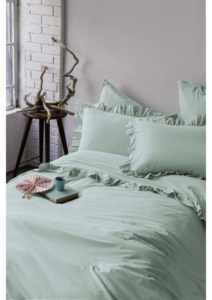 Frill Mint Yıkanmış %100 Pamuk Poplin Nevresim Takımı Çift Kişilik