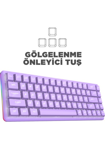 REBEL Mor Low Profile RED SWITCH US Layout Beyaz Işıklı Mekanik Gaming Oyuncu Klavye