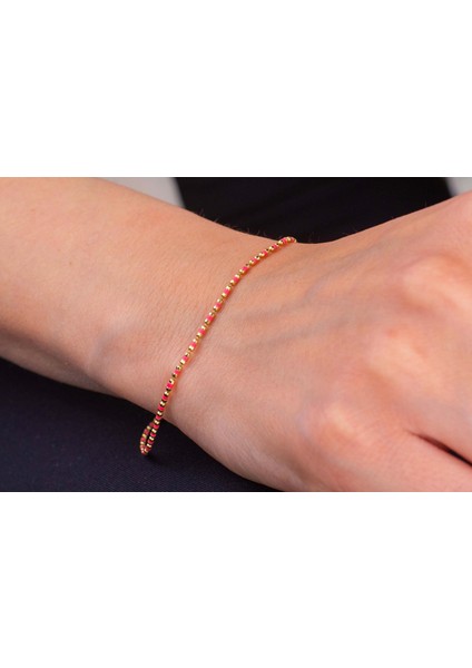 Renkli Mineli Noktalı Toplu Zincir Bileklik 14 Ayar Altın modelleri