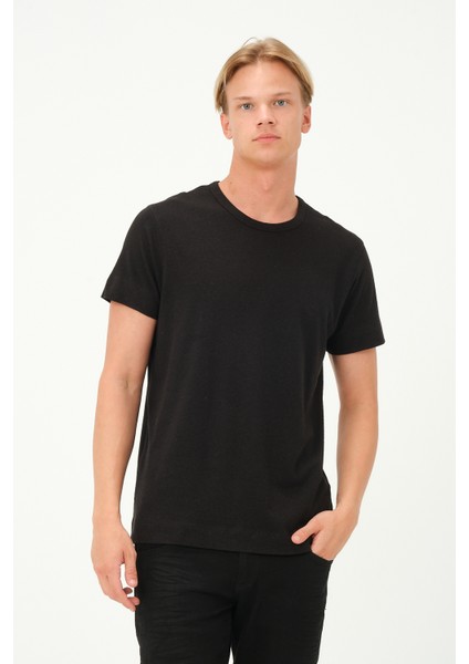 Erkek Regular Fit Kısa Kollu Keten Siyah T-Shirt fiyatları