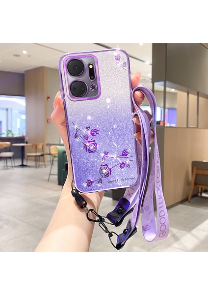 Honor X7A 4g Tpu Gradyan Glitter Rhinestone Çiçek Telefon Kılıfı Kayış (Yurt Dışından)